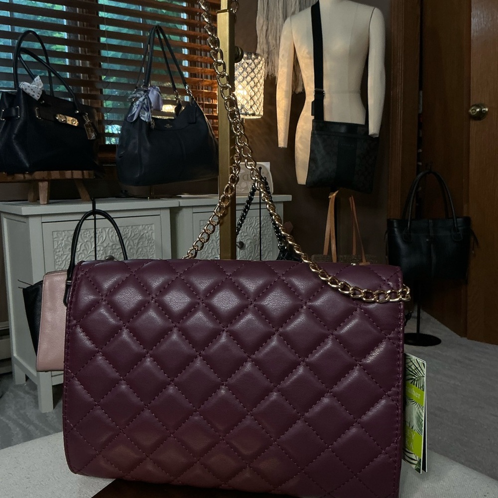 Quilted Plum Shoulder Bag with Gold Hardware - Picture 2 of 11